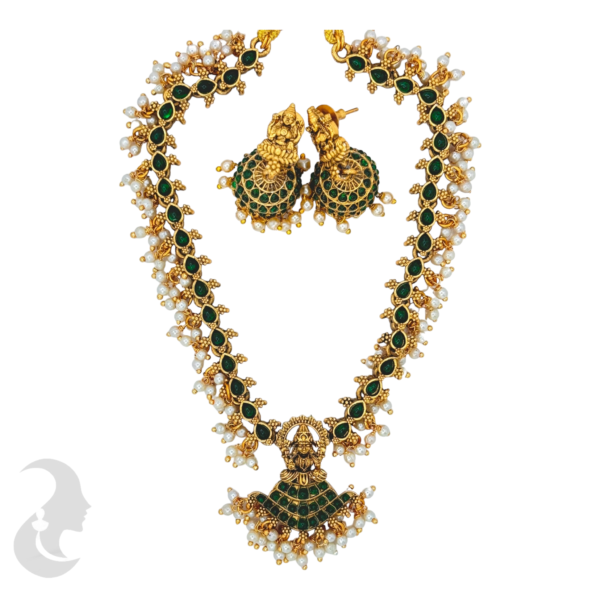 Lakshmi Pendant - Green Color Stones - Jhumkas, Product Code: V-1027