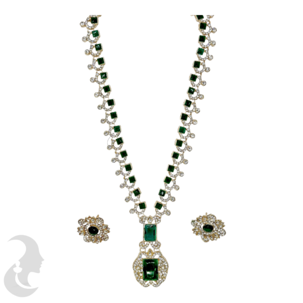 Silver Necklace- Crystal & Green Color Stones- Studs, Product Code: V-1223