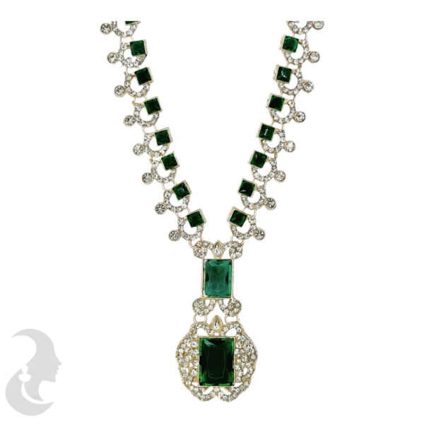 Silver Necklace- Crystal & Green Color Stones- Studs, Product Code: V-1223 - Image 2