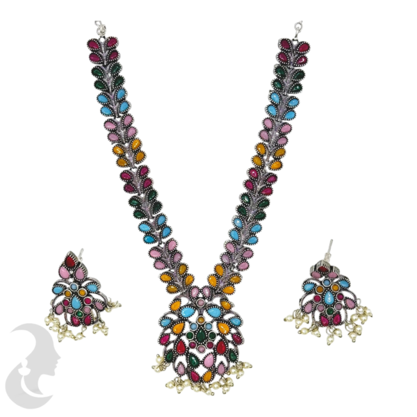 Black Silver- Leaf Design Necklace- Multi Stones- Studs, Product Code: V-1224