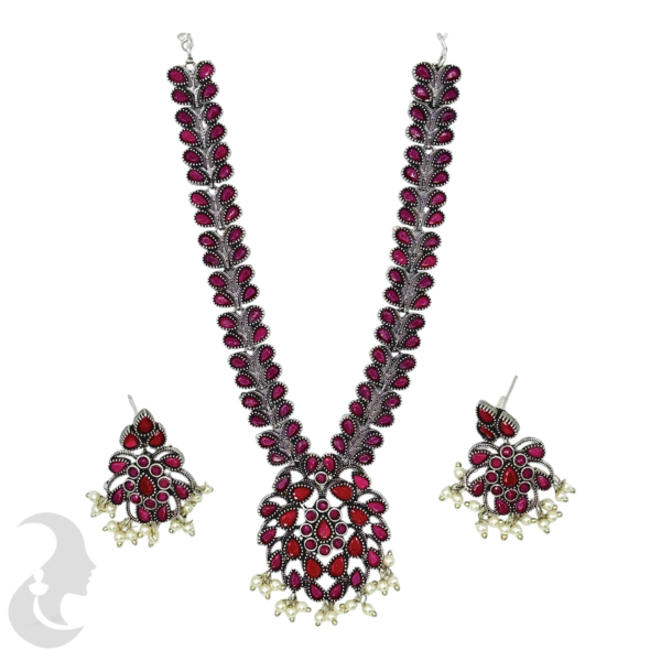 Black Silver- Leaf Design Necklace- Ruby Color Stones- Studs, Product Code: V-1226