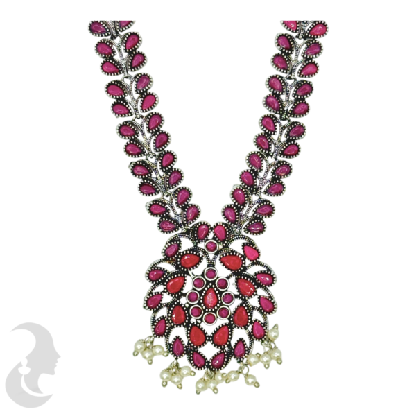 Black Silver- Leaf Design Necklace- Ruby Color Stones- Studs, Product Code: V-1226 - Image 2