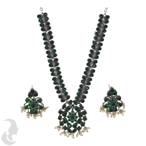 Black Silver- Leaf Design Necklace- Green Color Stones- Studs, Product Code: V-1227