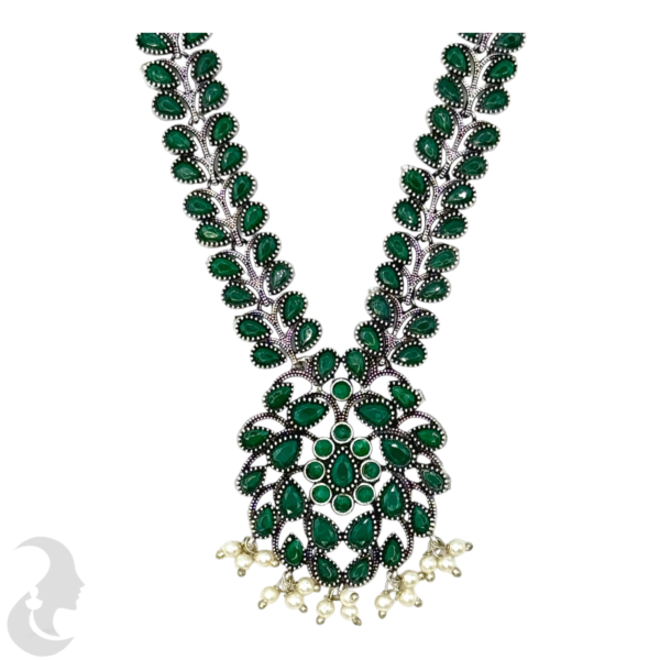 Black Silver- Leaf Design Necklace- Green Color Stones- Studs, Product Code: V-1227 - Image 2