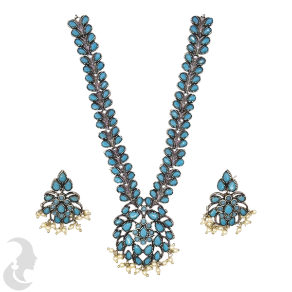 Black Silver- Leaf Design Necklace- Blue Stones- Studs, Product Code: V-1228