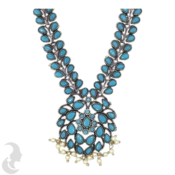 Black Silver- Leaf Design Necklace- Blue Stones- Studs, Product Code: V-1228 - Image 2