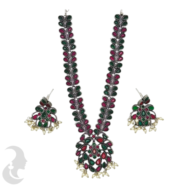 Black Silver- Leaf Design Necklace- Red & Green Color- Studs, Product Code: V-1229