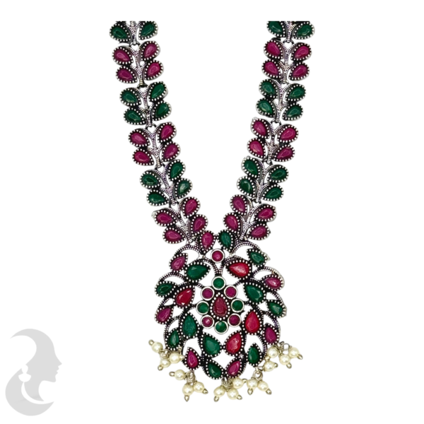 Black Silver- Leaf Design Necklace- Red & Green Color- Studs, Product Code: V-1229 - Image 2