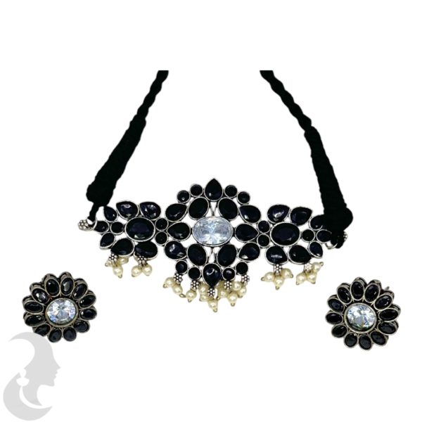 Choker- Thread Necklace- Black Stones- Studs, Product Code: V-1233