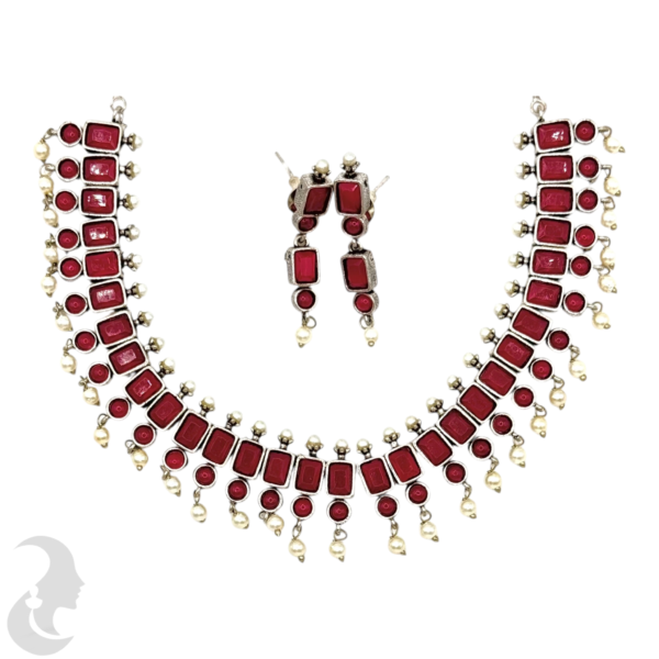 Silver Necklace- Ruby Color & White Stones- Studs, Product Code: V-1234