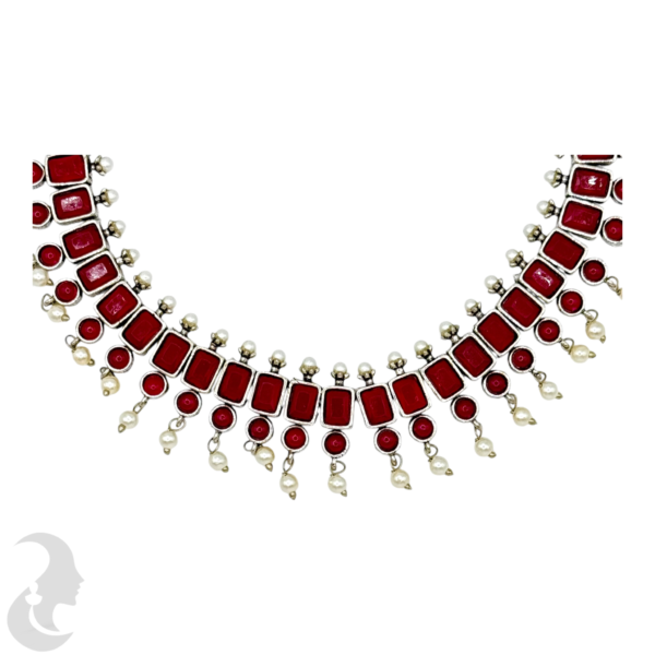 Silver Necklace- Ruby Color & White Stones- Studs, Product Code: V-1234 - Image 2