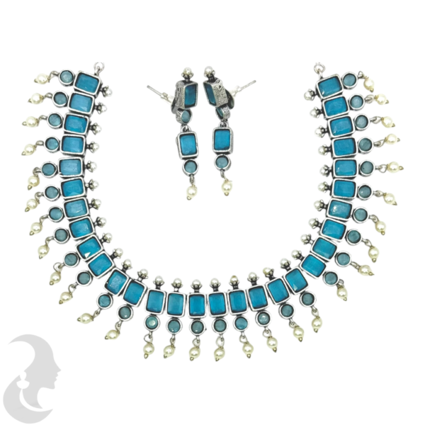 Silver Necklace- Blue & White Stones- Studs, Product Code: V-1235