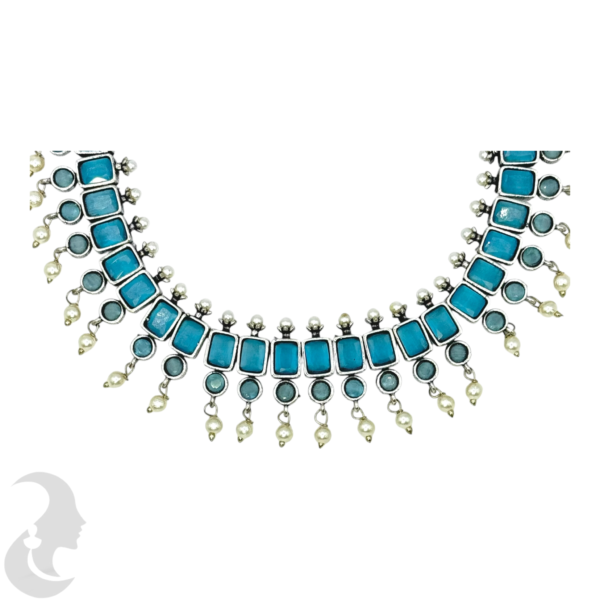 Silver Necklace- Blue & White Stones- Studs, Product Code: V-1235 - Image 2