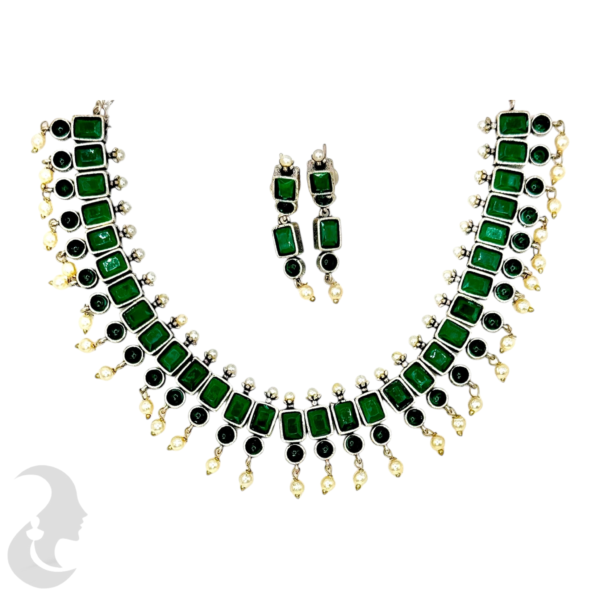 Silver Necklace- Green Color & White Stones- Studs, Product Code: V-1236