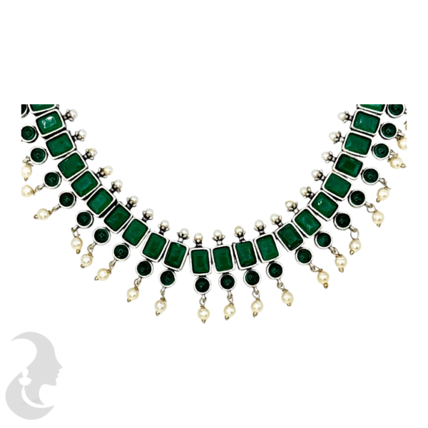 Silver Necklace- Green Color & White Stones- Studs, Product Code: V-1236 - Image 2