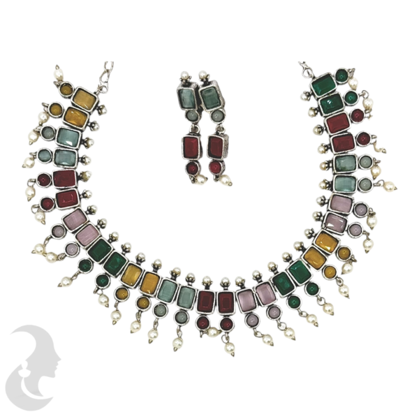 Silver Necklace- Multi & White Stones- Studs, Product Code: V-1237