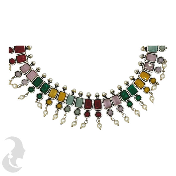 Silver Necklace- Multi & White Stones- Studs, Product Code: V-1237 - Image 2