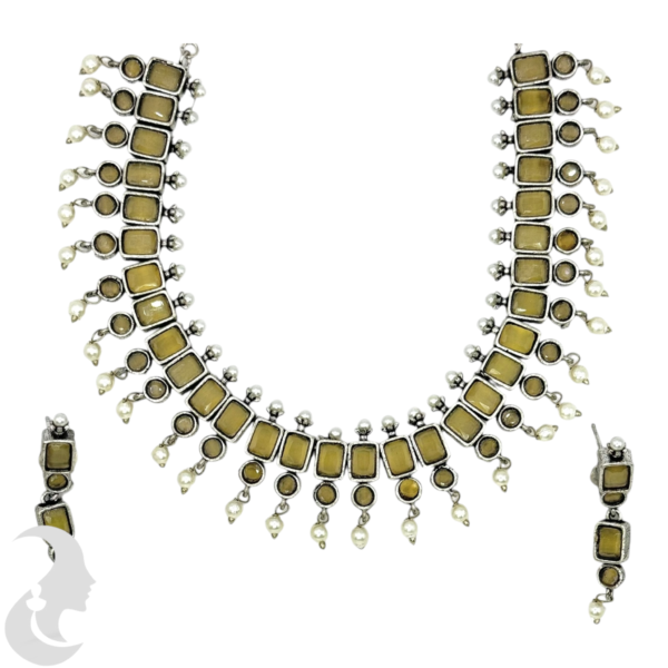 Silver Necklace- Yellow & White Stones- Studs, Product Code: V-1238