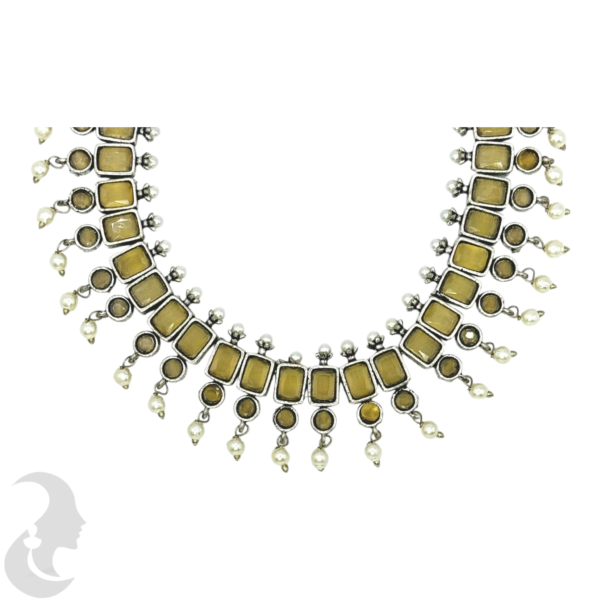 Silver Necklace- Yellow & White Stones- Studs, Product Code: V-1238 - Image 2