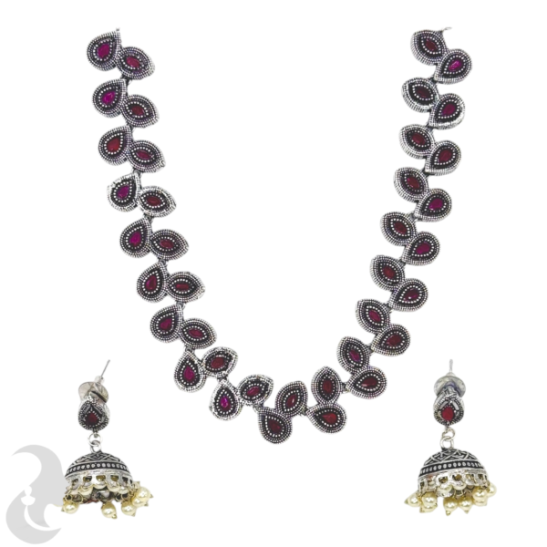 Silver Necklace- Leaf Design- Ruby Color Stones- Jhumkas, Product Code: V-1239