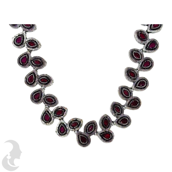 Silver Necklace- Leaf Design- Ruby Color Stones- Jhumkas, Product Code: V-1239 - Image 2