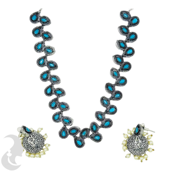 Silver Necklace- Leaf Design- Blue Stones- Jhumkas, Product Code: V-1240