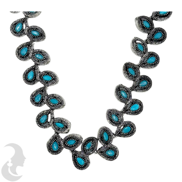 Silver Necklace- Leaf Design- Blue Stones- Jhumkas, Product Code: V-1240 - Image 2