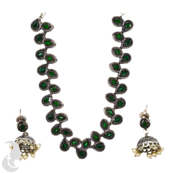 Silver Necklace- Leaf Design- Green Color Stones- Jhumkas, Product Code: V-1241