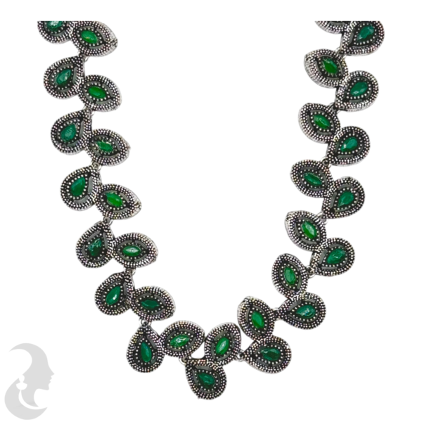 Silver Necklace- Leaf Design- Green Color Stones- Jhumkas, Product Code: V-1241 - Image 2