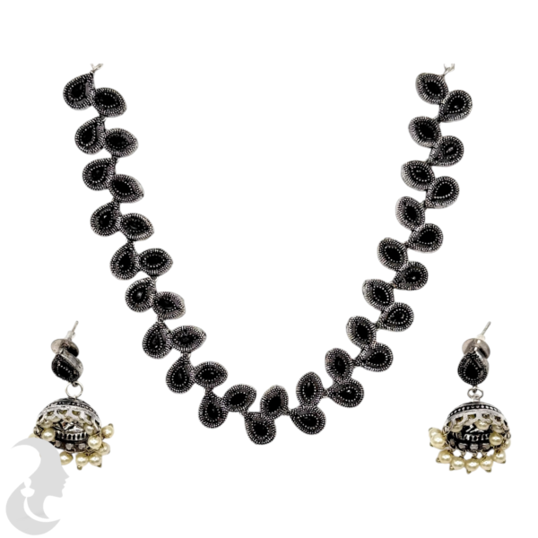 Silver Necklace- Leaf Design- Black Stones- Jhumkas, Product Code: V-1242