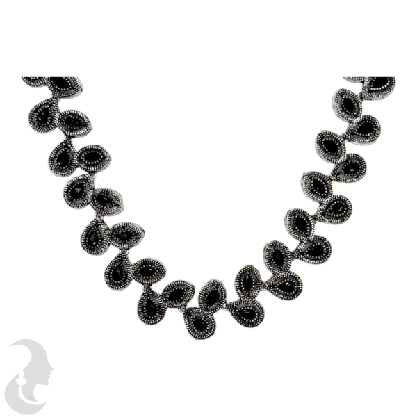 Silver Necklace- Leaf Design- Black Stones- Jhumkas, Product Code: V-1242 - Image 2