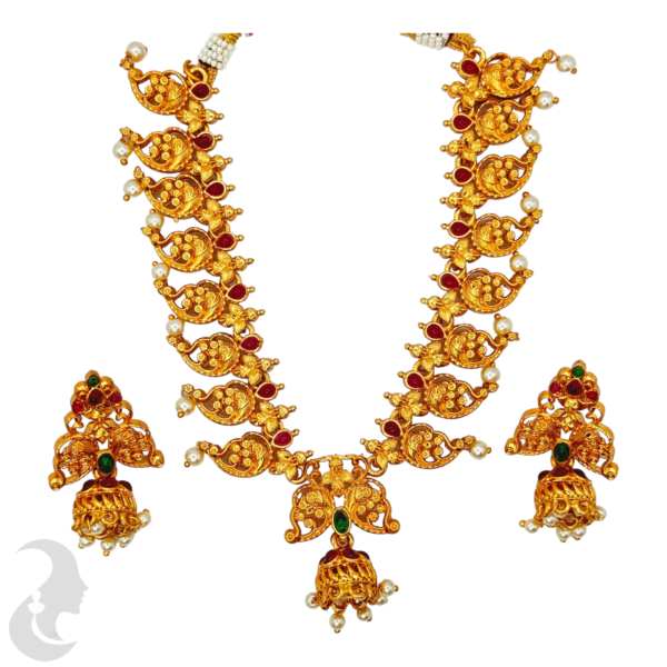 Gold Necklace - Green & Ruby Color Stones - Jhumkas, Product Code: V-1029