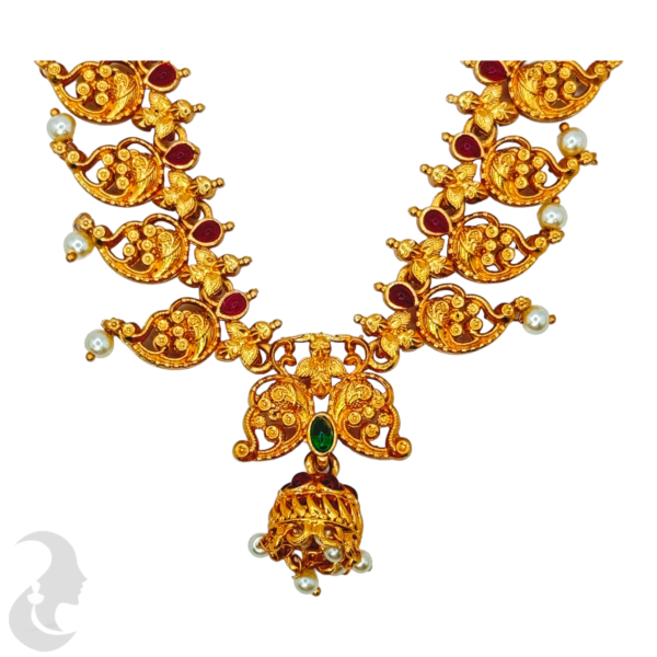 Gold Necklace - Green & Ruby Color Stones - Jhumkas, Product Code: V-1029 - Image 2