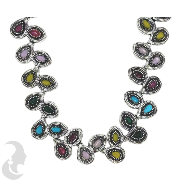 Silver Necklace- Leaf Design- Multi Stones- Jhumkas, Product Code: V-1243 - Image 2