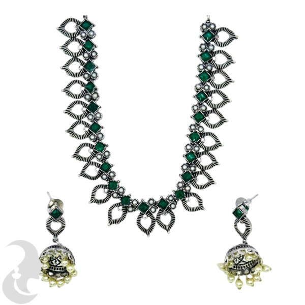 Silver Necklace- Gopi Design- Green Color & White Stones- Jhumkas, Product Code: V-1244