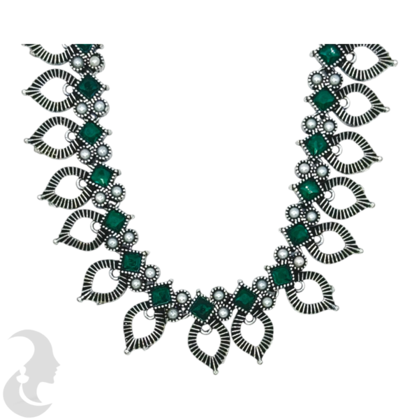 Silver Necklace- Gopi Design- Green Color & White Stones- Jhumkas, Product Code: V-1244 - Image 2