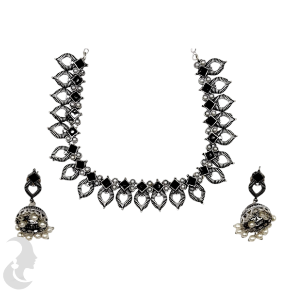 Silver Necklace- Gopi Design- Black & White Stones- Jhumkas, Product Code: V-1245