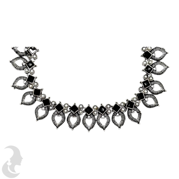 Silver Necklace- Gopi Design- Black & White Stones- Jhumkas, Product Code: V-1245 - Image 2