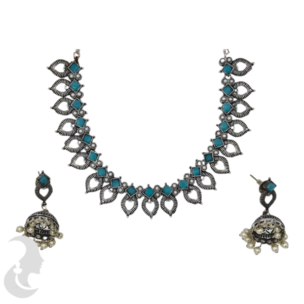 Silver Necklace- Gopi Design- Blue & White Stones- Jhumkas, Product Code: V-1246