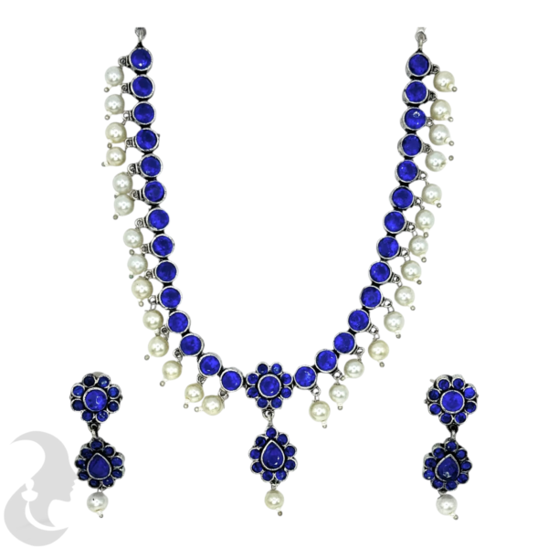 Black Silver- Blue Stone Necklace-  Studs, Product Code: V-1248