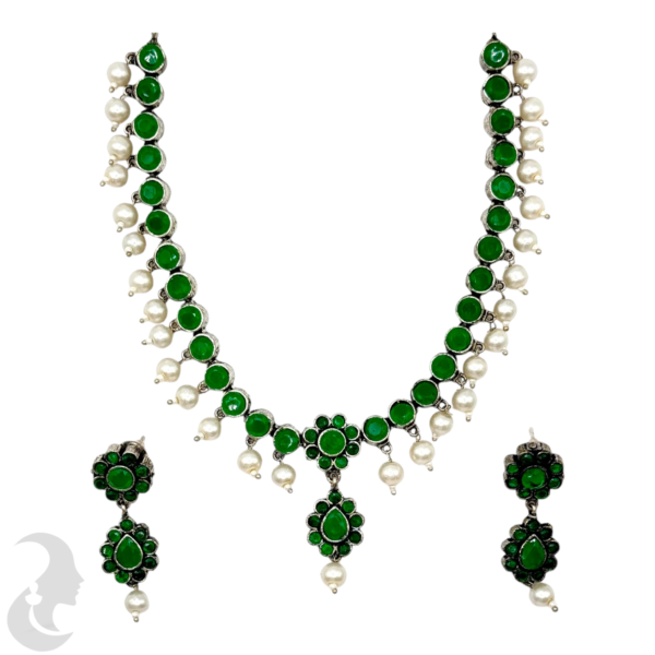 Black Silver- Green Color Stone Necklace- Studs, Product Code: V-1249