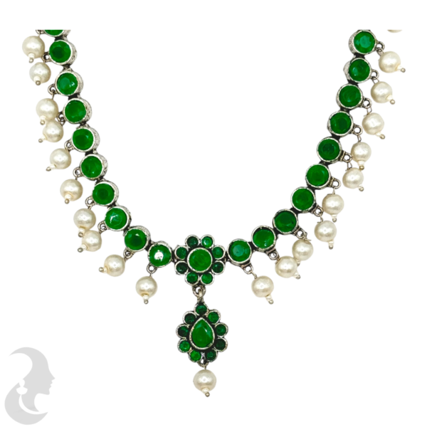 Black Silver- Green Color Stone Necklace- Studs, Product Code: V-1249 - Image 2