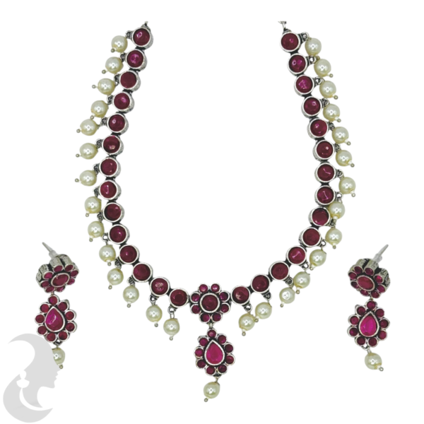 Black Silver- Red Stone Necklace- Studs, Product Code: V-1250