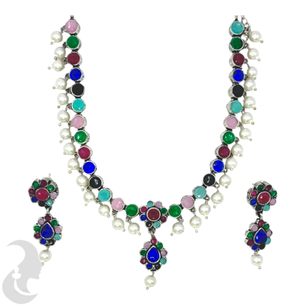 Black Silver- Multi Stone Necklace- Studs, Product Code: V-1251