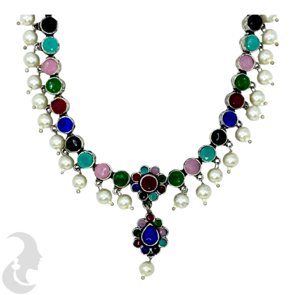 Black Silver- Multi Stone Necklace- Studs, Product Code: V-1251 - Image 2