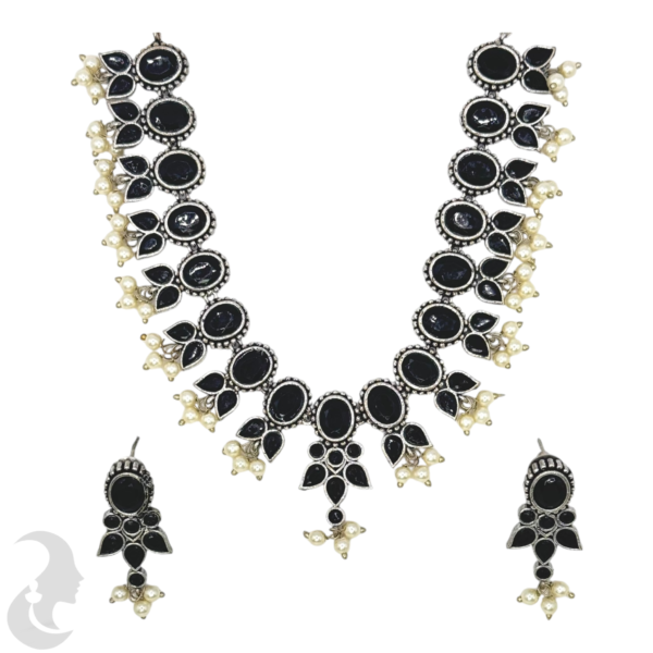 Silver Necklace- Black Stones- Studs, Product Code: V-1252