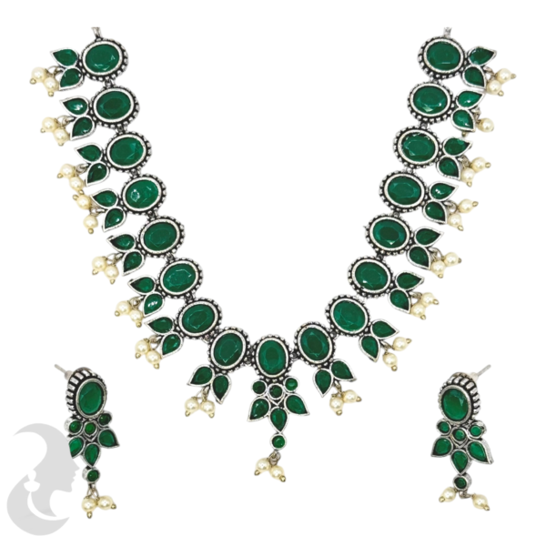 Silver Necklace- Green Color Stones- Studs, Product Code: V-1253