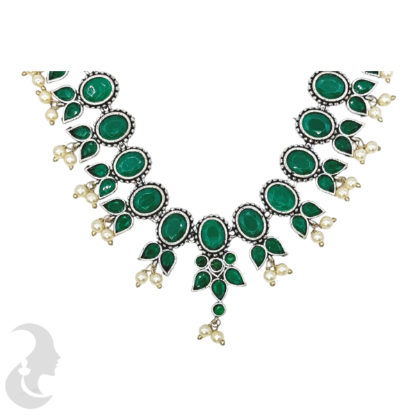 Silver Necklace- Green Color Stones- Studs, Product Code: V-1253 - Image 2