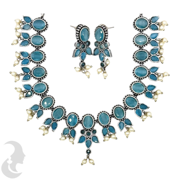 Silver Necklace- Blue Stones- Studs, Product Code: V-1254