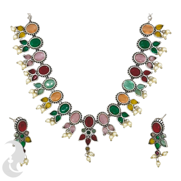 Silver Necklace- Multi Stones- Studs, Product Code: V-1256